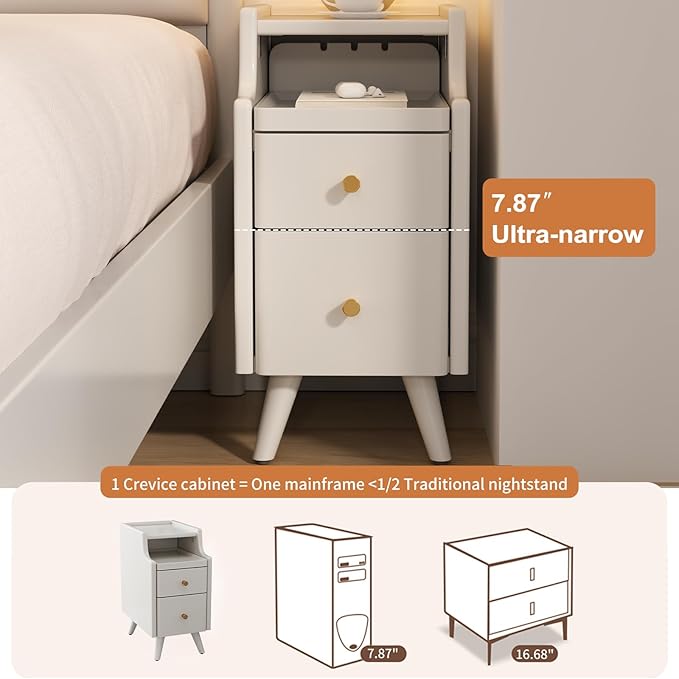 Small Nightstand with Drawers, Solid Wood Bedside Table, Narrow Walnut Nightstand for Bedroom
