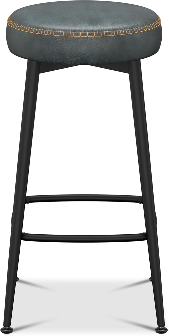 Counter Height Bar Stools, 26" H Backless Bar Stools Set of 2, Upholstered Faux Leather Kitchen Counter Stools, Mid Century Modern, Kitchen Island Home Bar, Pub, Black Blue
