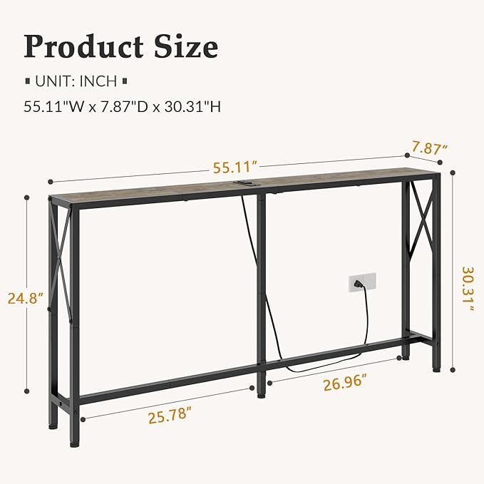 Sofa Table with Oulets and USB Ports, 55.1" Couch Table Behind Sofa, Industrial Long Skinny Stand for Hallway, Living Room, Bedroom, 6.5 Feet Power Cord