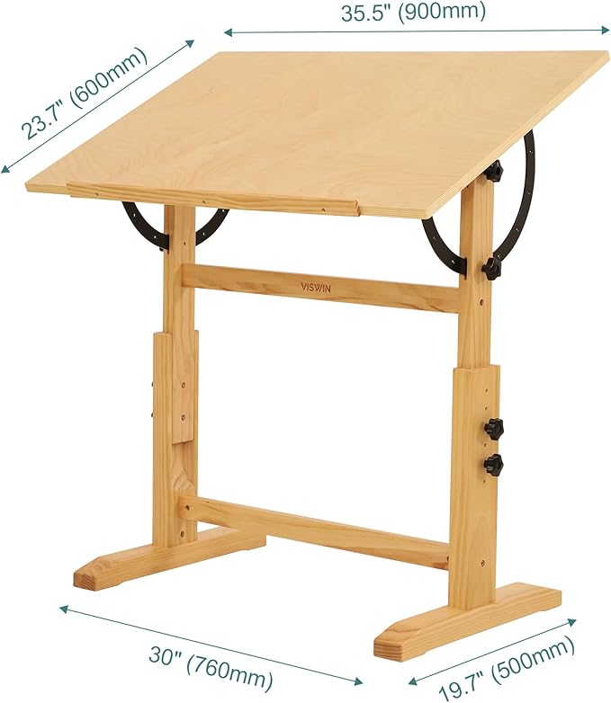 VISWIN Wood Drafting Table for Adults, 24'' x 35" Drawing Table with Adjustable Height & Angle for Art Studio, Solid Pine Wood Artist Desk for Drawing, Drafting, Writing, Reading, Sketching