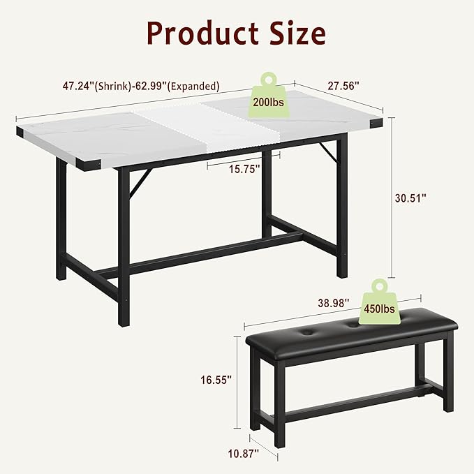GarveeHome Extendable Dining Table Set for 4-6, Rectangle Large Extendable Kitchen Table with 2 Upholstered Benches & Metal Corner Protect for Dining, Apartment, Space Saving, Marble White