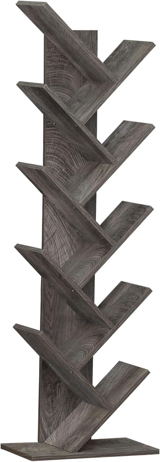 10 Tier Tree Book Shelf, Floor Standing Wood Bookshelf for Narrow Space, Storage Organizer Bookshelves for Books/CDs/Magazine, Bookcase with Shelves for Home Office, Living Room - Light Grey