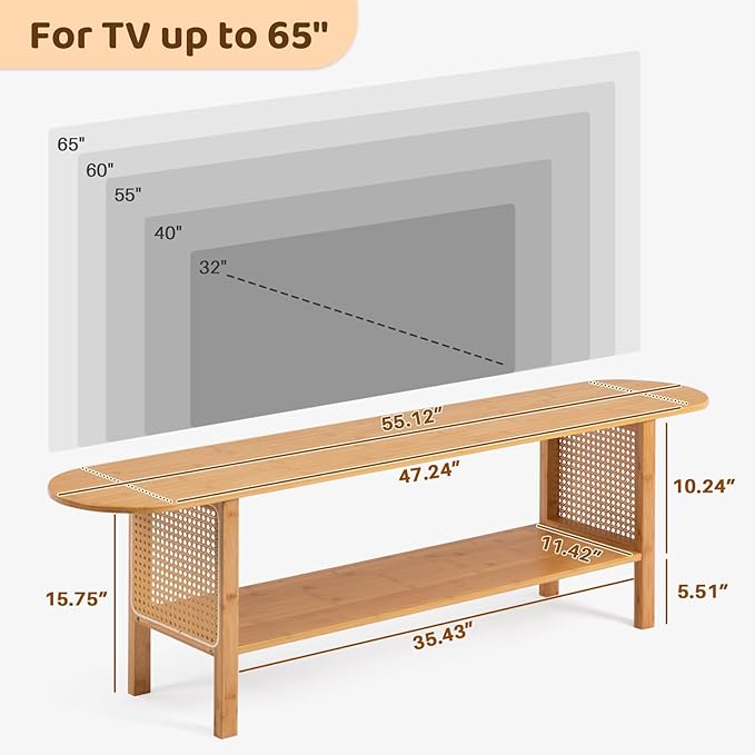 HollyHOME Bamboo TV Stand with Storage for TVs up to 65", Modern Entertainment Center with Rattan Side, Accent TV Table with 2 Shelf, Media Console TV Stand for Living Room, Bedroom, Burlywood