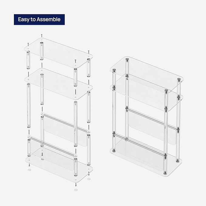 HMYHUM Acrylic Narrow End Table for Small Spaces with Magazine Holder, Slim Side Small Nightstand/Bedside Table for Living Room, Bedroom, 3 Tier, 15.7" L x 7" W x 23" H, Clear