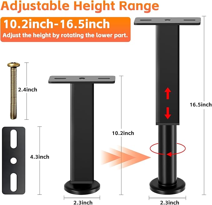 6PCS Adjustable Height Bed Support Legs, 10.2-16.5In, Metal Heavy Furniture Legs with Rubber Non-Slip for Sofa/Cabinet/Couch/Dresser/Table, Furniture Feet Replacement for King Queen Bed Frame Slat