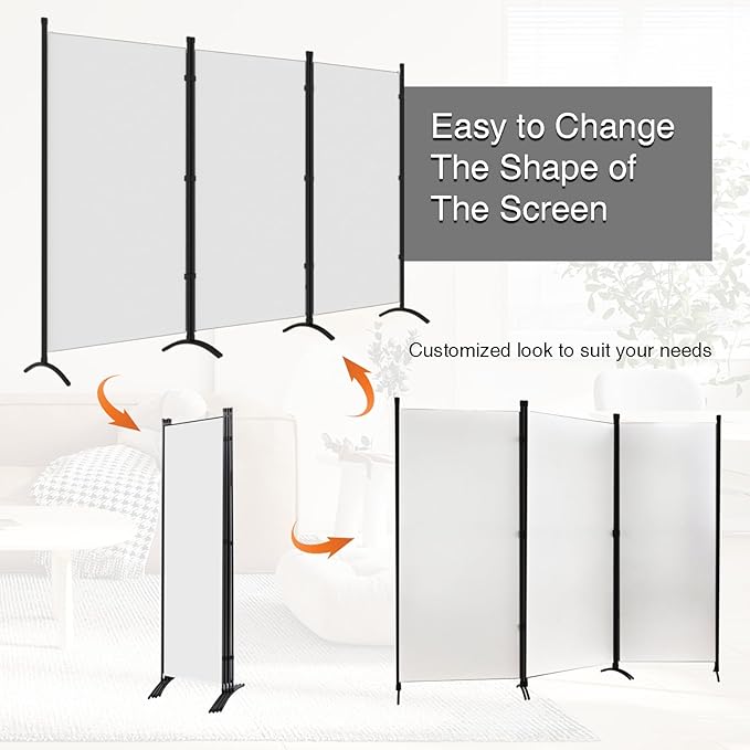 Room Divider 3-Panel Privacy Screen, Portable Screen Steel Frame with Hook&Loop for Home, Office, Classroom, Studio, Meeting (White