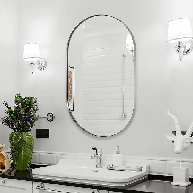 ANDY STAR Chrome Bathroom Mirror, 26x38’’ Oval Mirrors for Bathroom, Pill Shaped Mirror Chrome Metal Framed, SUS304 Anti-Rust, 1’’ Deep Wall-Mounted Vertically/Horizontally