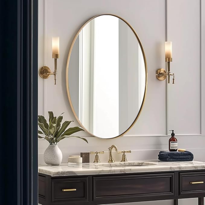 ANDY STAR Gold Oval Mirrors for Bathroom, 20x28 Inch Brushed Gold Stainless Steel Metal Framed Oval Wall Mirror, Modern Vanity Mirror Wall Mount Horizontal or Vertical