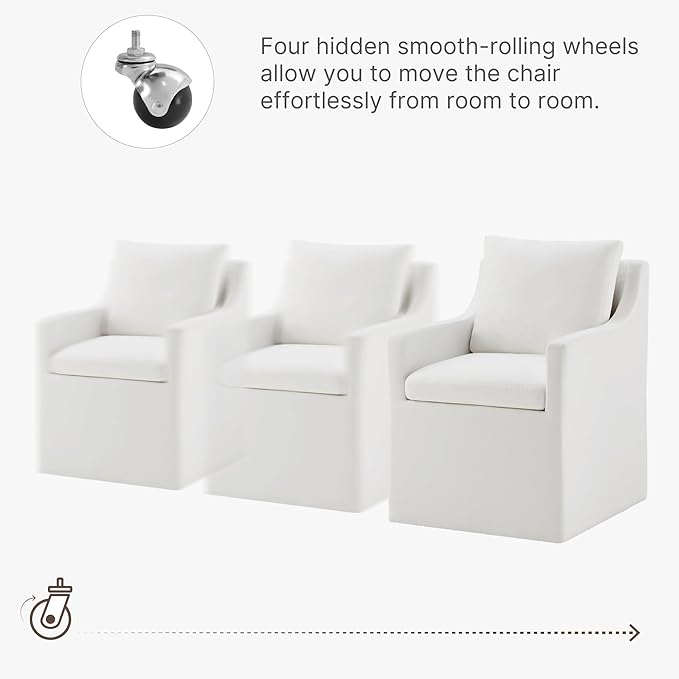 Upholstered Dining Chairs with Casters Washable Cover Side Deskchair with Rollers for Diningroom, Living Room, Cream, 4 Box