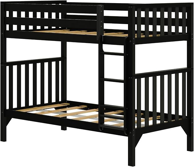 Max & Lily Bunk Bed, Scandinavian Modern Bunk Bed, Solid Wood Twin-Over-Twin Bed Frame for Kids, No Box Spring Needed, Black