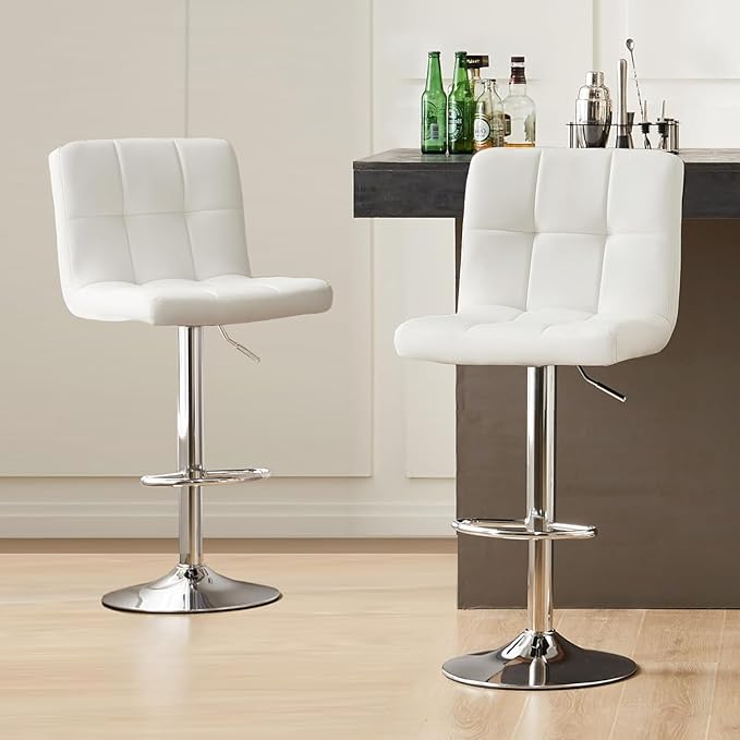 Sweetcrispy Bar Stools Set of 2, Armless PU Leather Adjustable Swivel Barstools, Hydraulic Kitchen Counter Height Thickened Seat Cushion Square Island Countertop Chairs with Back - White