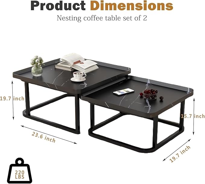 Square Nesting Coffee Table Set of 2, 23.6"+19.7" Nesting Tables,Small Square Coffee Table with Fluted,Center Table for Living Room Bedroom Office Balcony Yard (Black)