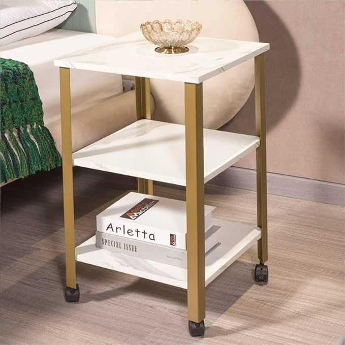 Side Table, End Table with Wheels, Printer Stand with 3-Tier Storage, Bedside Table,Telephone Table,Square Small Side Table for Living Room, Bedroom, Office, Kitchen, Metal Frame, Easy Assembly -White