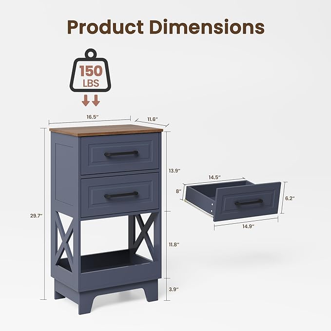 Tall Nightstand Set of 2 Side Table with 2 Drawers Modern Night Stand Wooden Rustic End Table Bedside Table with Below Open Shelf Solid Feet for Bedroom, Living Room, Navy Blue+Walnut