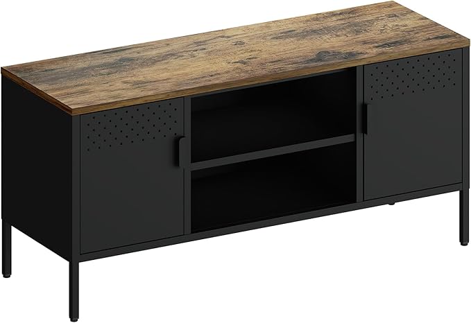 Manhattan Comfort Landen 47" Modern Metal TV Stand with Storage Cabinets & Open Shelves, Holds Up to 40" Screen, TV Console with Natural Wood Top, Cable Management, Adjustable Legs, Black