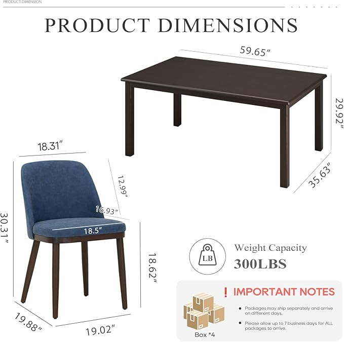 COLAMY 60 Inch Rectangular Kitchen Dining Table for 6, Modern Farmhouse Dining Table Set for 6, Wood Dining Table and Upholstered Dining Chairs for Kitchen, Dining Room, Restaurant, Brown/Blue