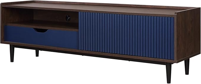 Manhattan Comfort Duane Modern Ribbed 55 Inch TV Stand with 1 Drawer, 2 Shelves, Sliding Door, and Wire Management, Mid-Century Style Entertainment Center and Media Console for Living Room, Navy Blue