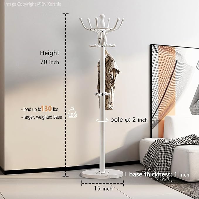 Kertnic Freestanding Coat Rack with 16 Hooks & Marble Base - Heavy Duty Metal Hall Tree Stand for Entryway, Hats, Coats, Bags Rack- Modern Hanger Organizer for Home, Office, Dorm (16 hooks -White)