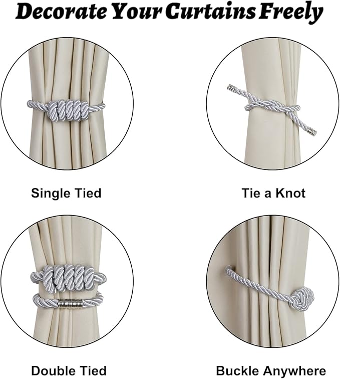 BEL AVENIR Magnetic Curtain Tiebacks, Decorative Drapery Holdbacks Modern Woven Tie-Backs with Exquisite Knot (Sliver, 2 Pack)