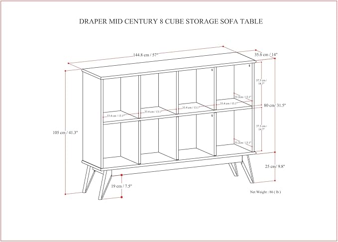 SIMPLIHOME Draper Console Table - 57 Inch Wide Solid Hardwood 8-Cube Sofa Table in Teak Brown, Mid-Century Modern Bookcase for Entryway or Living Room with 8 Open Storage Cubbies and Tapered Legs