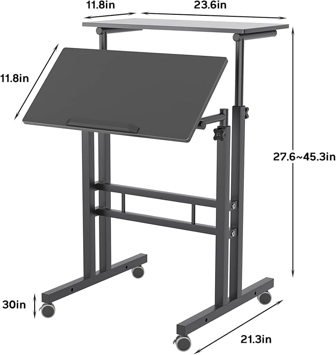 soges 23.6inches Height Adjustable Desk Laptop Desk on The Wheels, Rolling Stand Up Desk Computer Desk Adjustable Standing Desk Sit and Stand Desk Portable Laptop Table, Black