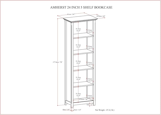SIMPLIHOME Amherst Bookcase - 70 inch Tall 5-Shelf Solid Wood Bookshelf in Hickory Brown, Transitional Storage for Living Room, Study Room or Office with Adjustable Shelves and Tapered Legs