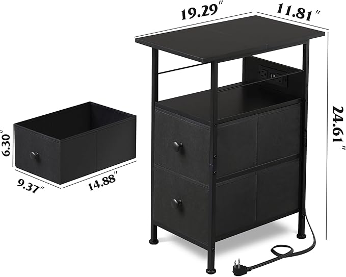 WLIVE Nightstand Set of 2 with Charging Station, End Table Sets with LED Lights, 2 Fabric Drawers and Open Shelf, Bed Side Tables Living Room, Small Space, Night Stand for Bedroom, Black