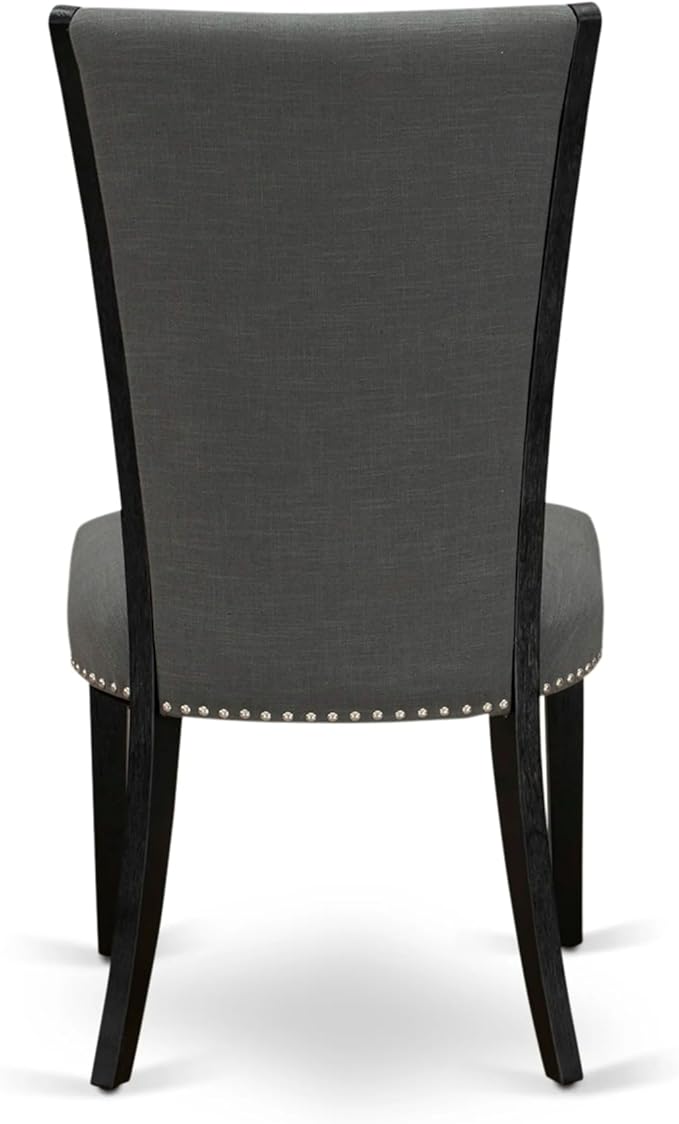 X07VE-B06-50 - 9-Pc Dining Room Table Set a Rectangular Dining Table and wooden Benches and 7 Dark Gotham Grey Linen Fabric Dining Chair, 39x120 Inch, Wire Brushed Black
