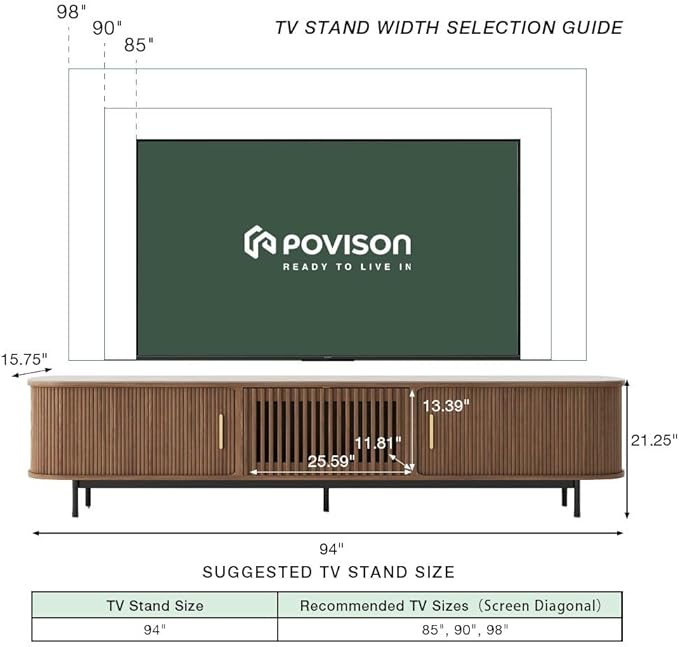 POVISON Fully-Assembled Mid Century Modern Black TV Stand with White Matte Travertine Stone Tabletop & LED Lights, Rolling Door Media Console, Wood TV Console for Living Room