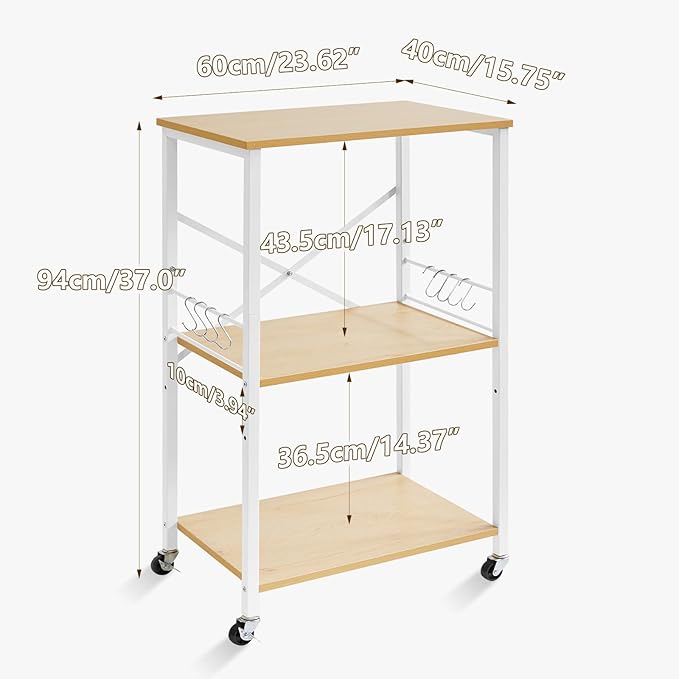 IBUYKE Kitchen Shelf Cart, 3-Tier Microwave Oven Stand, Baker’s Rack with Metal Frame and 8 Hooks, Industrial Printer Stand, Utility Standing Storage Shelf for Coffee Bar, Simple Assembly, TMJ023R