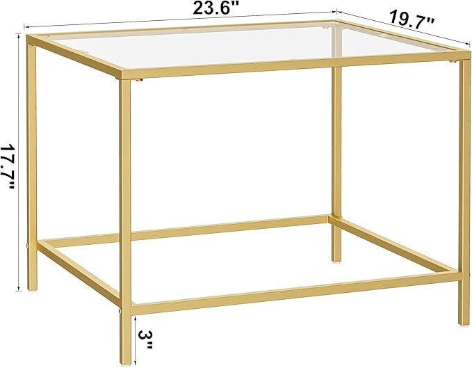 Glass Coffee Table, Modern Rectangular Coffee Table for Living Room, Minimalist Center Tea Table with Sturdy Metal Frame for Apartment, Office, Easy Assembly, 23.6 x 19.7 x 17.7 Inches, Golden