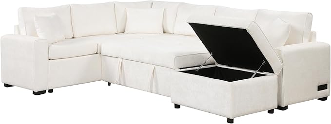 112" Luxurious Pull-out Sofa Bed Sleeper with Storage Ottoman,Sectional Sleeper Couch W/ 3 Pillows,2 USB ports & 2 Power Sockets,Corner Furniture Set for Living Room Large Space,Cream Chenille