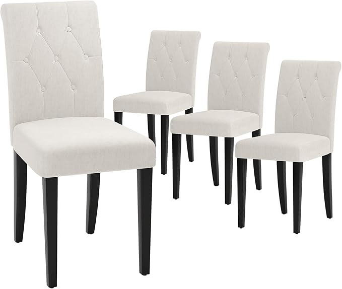 Upholstered Dining Chairs Set of 4, Button Tufted Parsons Dining Chair with Solid Wood Legs, Modern Fabric Side Chair for Hotel/Dining Room/Kitchen/Restaurant- White