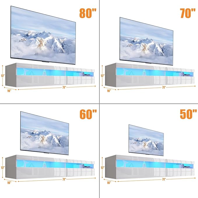 Floating TV Stand with Led Lights, 71 inch Wall Mounted TV Shelf with Power Outlet, Modern Entertainment Center Media Console with Storage Cabinet, Up to 80 Inch TVS, White