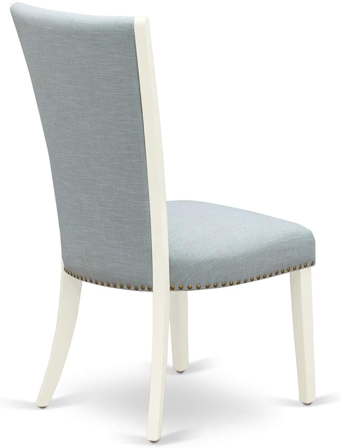 East West Furniture VEP2T15 Verona Parson Dining Chairs - Nailhead Trim Baby Blue Linen Fabric Padded Chairs, Set of 2, Linen White