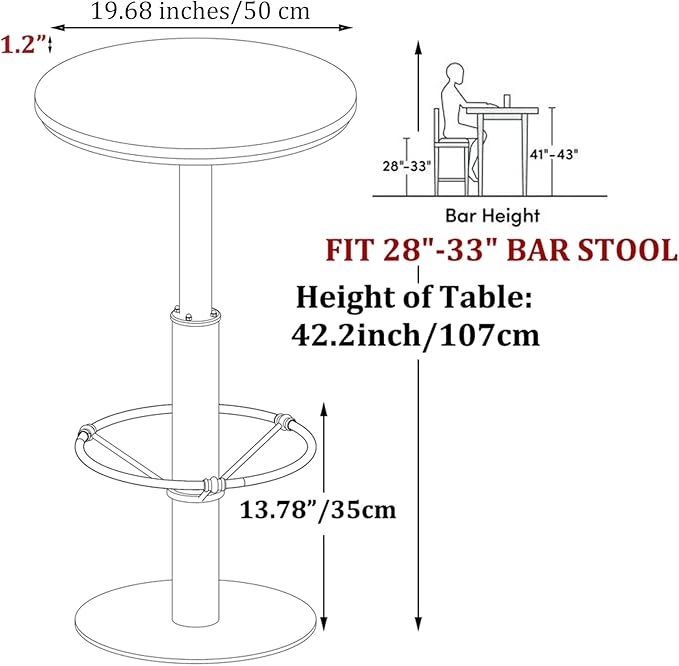 LOKKHAN 42" Tall Rustic Industrial Bar Table-19.68" Dia Round Wooden Top Metal Bar Height Adjustable Standing Pub Table-Dining Room Bistro Table-Cocktail Table