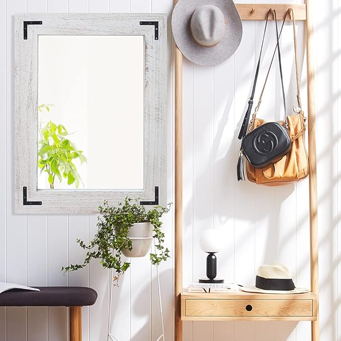 YOSHOOT Rustic Wooden Framed Wall Mirror, Natural Wood Bathroom Vanity Mirror for Farmhouse Decor, Vertical or Horizontal Hanging