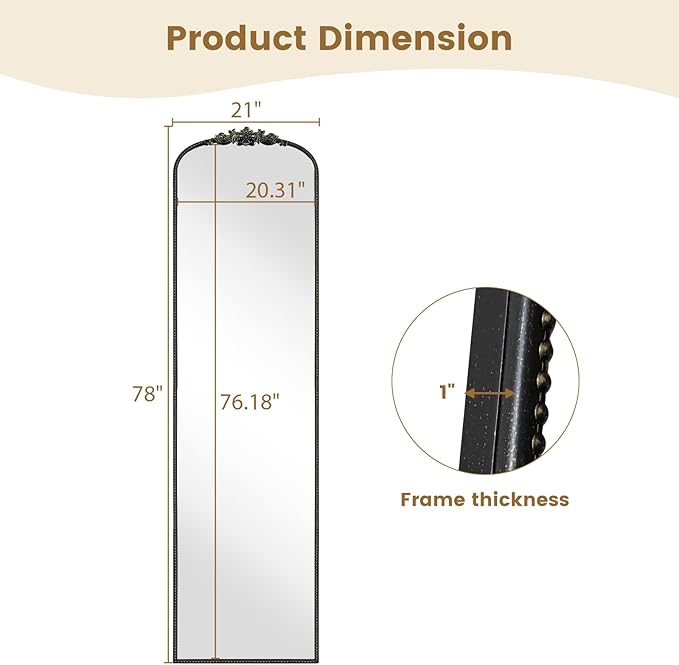 WallBeyond Arched Full Length Mirror Wall Mounted, 21x78 Inch Black Antique Mirror, Vintage Metal Frame Full Body Mirro for Bedroom, Living Room, Hanging or Leaning