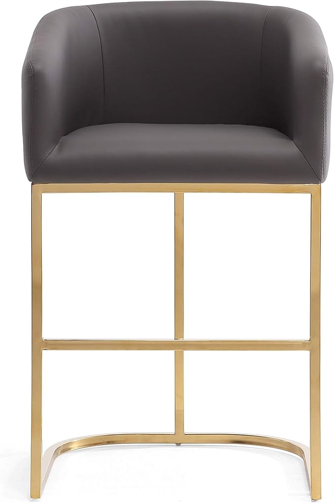 Manhattan Comfort Louvre 26 Inch Mid Century Modern Counter Height Bar Stools - Elegant Faux Leather Padded Seat, Stainless Steel Base with Footrest, Fully Assembled Barstools, Set of 2, Grey