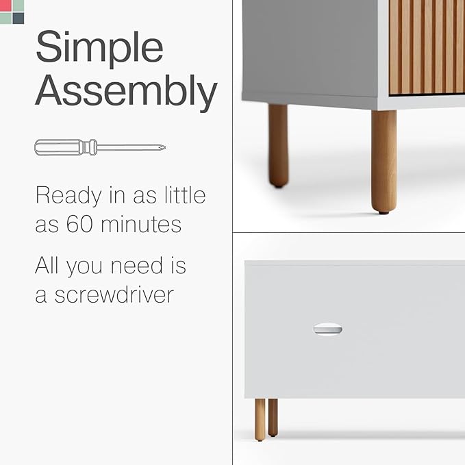 Fluted TV Stand & Entertainment Center - 70-Inch White & Oak - Supports 32-80-Inch TVs - Soft-Close Doors & Adjustable Shelves - Cord Management Media Console