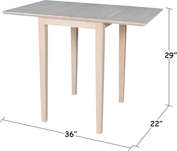 Solid Wood Small Drop Leaf Dining Table in Sturdy Parawood, Dual Drop Leaf Table with 9" Drop Leaf on Each Side, 36"W x 22"D x 29"H, Floor to Apron 26.5 Inches, Easy Assembly, Unfinished