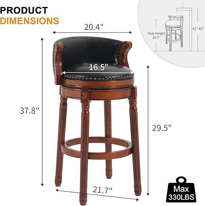 Cow top Leather Wooden Bar Stools, 29.5" Bar Height Bar Chair with Back, 180 Degrees Swivel Barstools Chair for Home Kitchen Counter,Dining Room (Black-2pcs, Bar Height-Seat Height 29.5”)