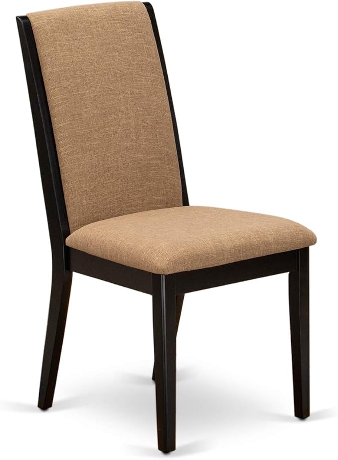 East West Furniture ESLA3-BCH-47 3 Piece Modern Dining Table Set Contains a Round Wooden Table with Pedestal and 2 Light Sable Linen Fabric Upholstered Chairs, 30x30 Inch, Black & Cherry