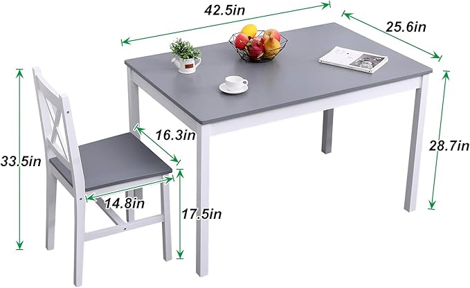 soges Dining Table Set for 4, 42.5 inch Pine Wood Dining Room Table with 4 Chairs, 5-Piece Kitchen Table Chairs Set for Small Space, Apartment, Dinette, Breakfast, White & Grey