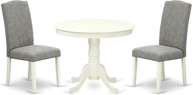 East West Furniture ANEN3-LWH-06 3 Piece Kitchen Table Set Contains a Round Dining Table with Pedestal and 2 Dark Shitake Linen Fabric Parson Dining Room Chairs, 36x36 Inch, Linen White