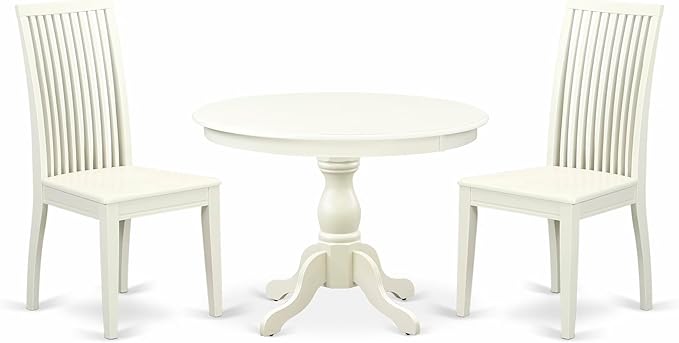 East West Furniture HBIP3-LWH-W 3 Piece Modern Dining Table Set Contains a Round Wooden Table with Pedestal and 2 Dining Chairs, 42x42 Inch, Linen White