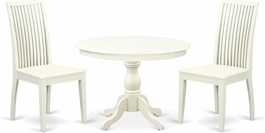 East West Furniture HBIP3-LWH-W 3 Piece Modern Dining Table Set Contains a Round Wooden Table with Pedestal and 2 Dining Chairs, 42x42 Inch, Linen White
