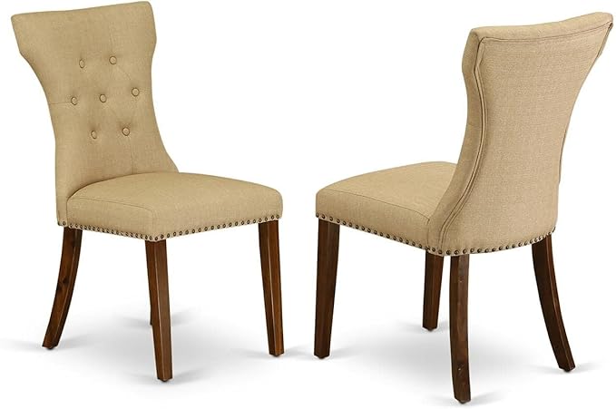 East West Furniture GAP8T03 Gallatin Parson Dining Chairs - Button Tufted Nailhead Trim Brown Linen Fabric Upholstered Chairs, Set of 2, Walnut