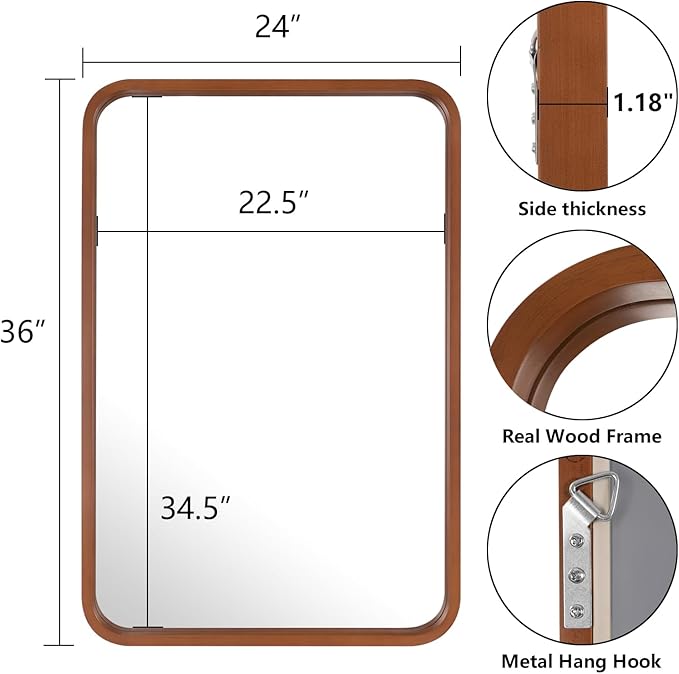 WallBeyond 24x36 Inch Wood Mirror for Bathroom, Wooden Frame Wall Mirror Farmhouse Wall Mounted Rectangle Mirror for Vanity (Horizontal/Vertical Walnut Color)