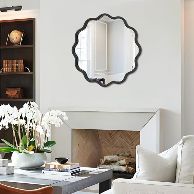 PROHOMEWARE Black Round Mirror 20 Inch Wavy Bathroom Vanity Mirror Black Frame Modern Wall Mirror Decorative Wall-Mounte Anti-Rust, Tempered Glass